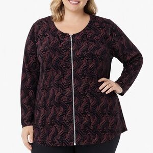 TanJay Women’s 3X Zip Front Top Black Pink Pattern Stretch Blouse Plus Size